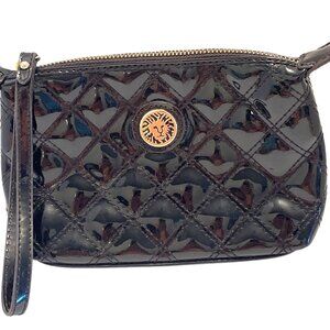 Anne Klein Patent Leather Wristlet Clutch Purse Lined Zippered Black Quilted Bag